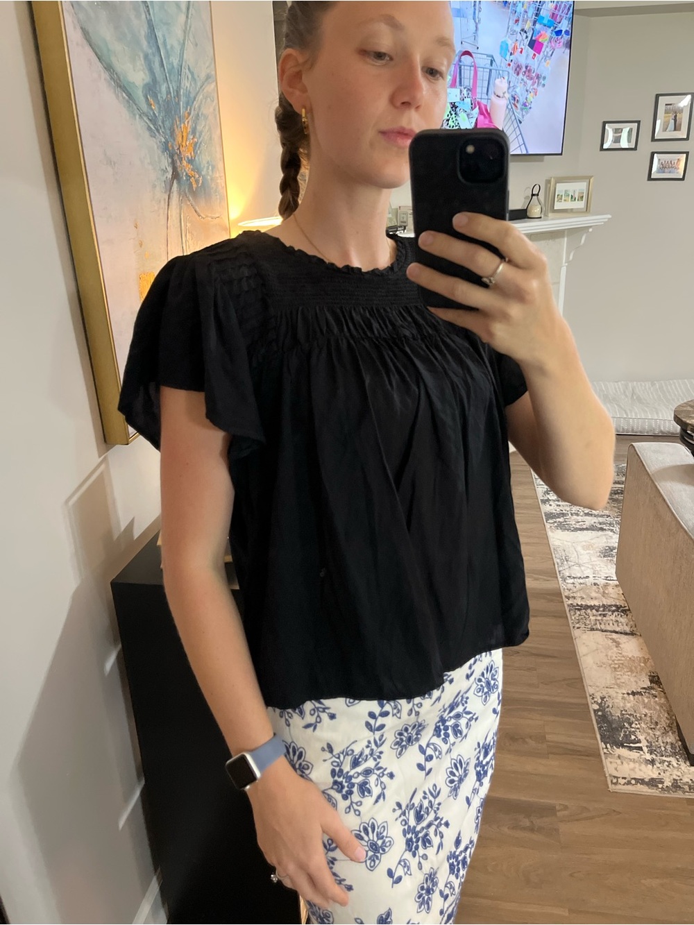 Old Navy Black Smocked Yoke Flutter-Sleeve Top